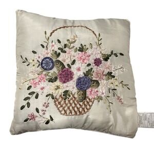 Vintage-Inspired Embroidered Floral Pillow – Ribbonwork Flowers – Cottagecore